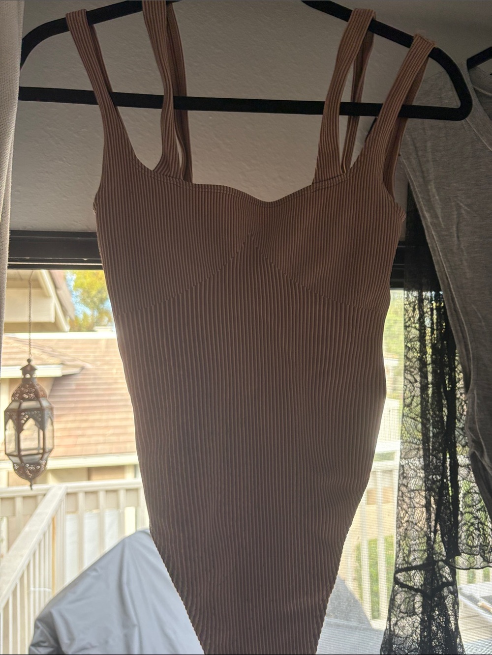Urban Outfitters Ribbed Brown Double-Strap Bodysuit